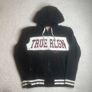 Y2K true religion men's black white spell out logo full zip hoodie M